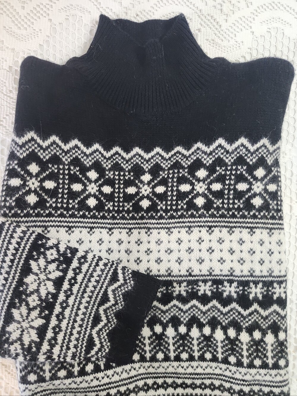 Y2k 90s Wool Angora Sweater Fair Isle Nordic Black White  Jones NY Size Small